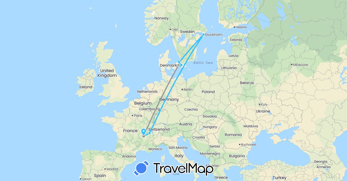 TravelMap itinerary: plane, train, boat in Switzerland, Denmark, France, Sweden (Europe)